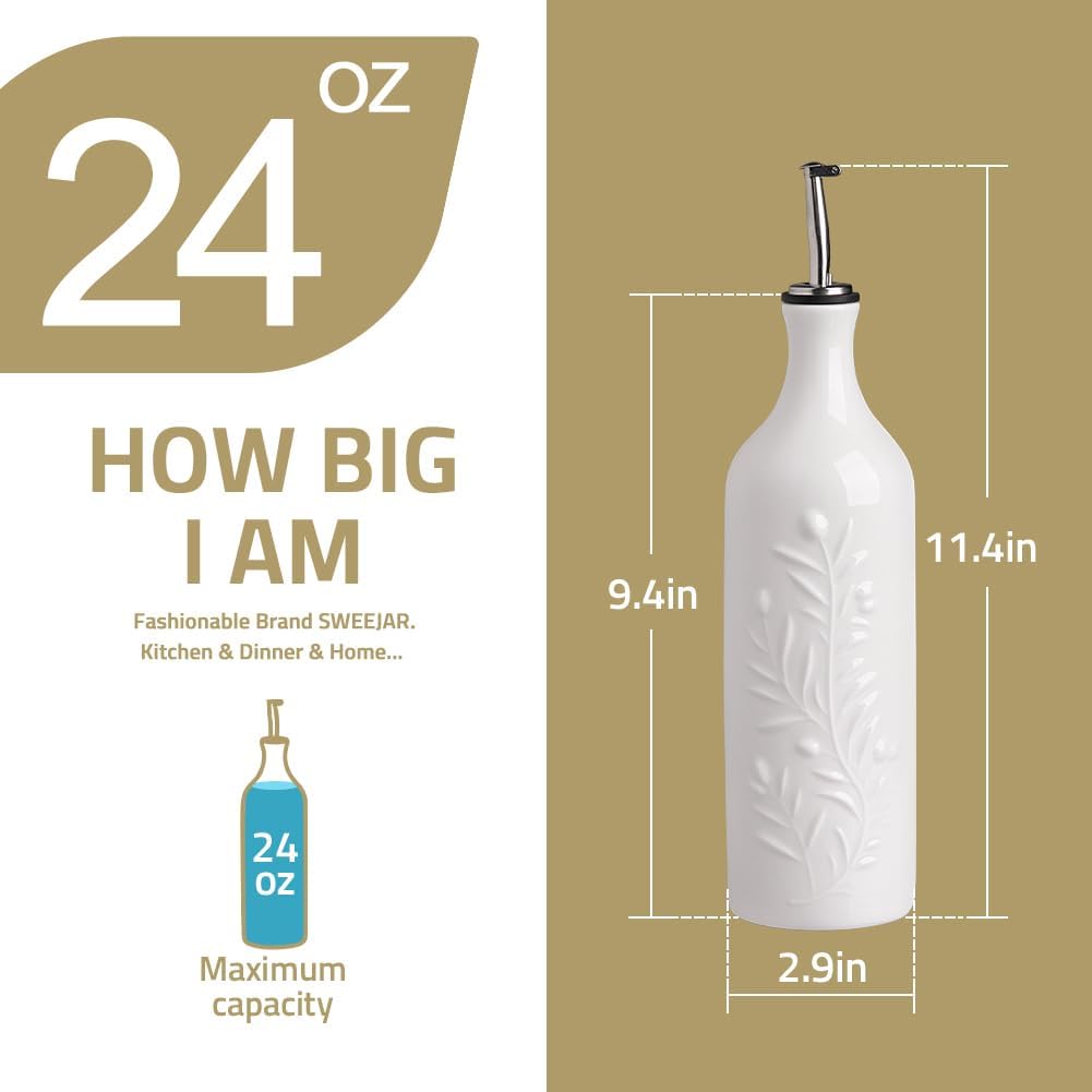 Sweejar Large Olive Oil Dispenser Bottle with Spout, 24 Oz Ceramic Oil Dispenser for Kitchen, Relief Opaque Oil Cruet, Oil Container for Cooking, EVOO, Avocado Oil, Vinegar, Pack of 1(Gray)
