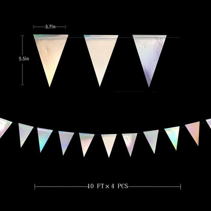40Ft Iridescent Party Decorations Holographic Hanging Triangle Pennant Banner Flag Bunting Garland for Graduation Birthday Anniversary Engagement Wedding Bridal Baby Shower Disco Hen Party Supplies