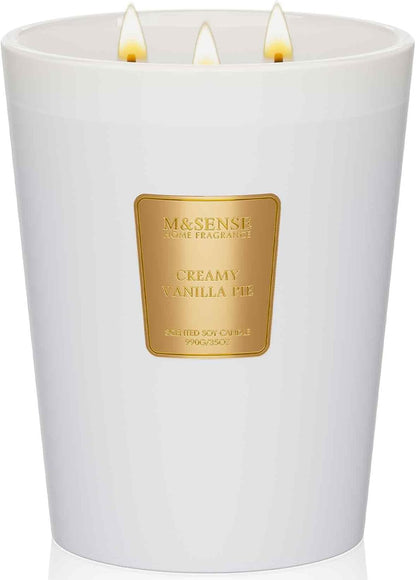 M&SENSE Extra Large Candle Creamy Vanilla Scented, 3-Wick 35oz 150H Long Lasting, Natural Soy Wax Aromatherapy Candle for Stress Relief, Home Fragrance Housewarming Gifts Candle for Home Decor