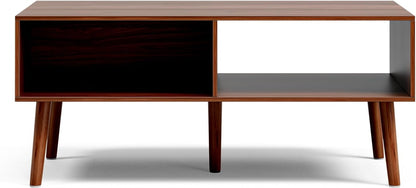 Coffee Table with Storage, Mid Century Dining Table with Fluted Drawer and Solid Wood Legs, Small Coffee Tables for Living Room, Walnut