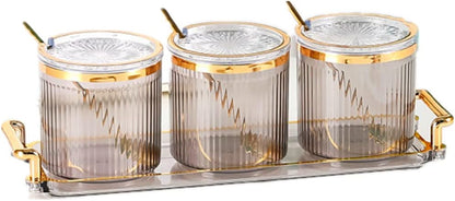 Acrylic Condiment Spice Jars,Condiment Spice Box With Lids and Spoons and Tray,Clear Plastic Condiment Canisters,Seasoning Box 3 Pack,Seasoning Box Set for Kitchen to Storage Salt,Paprika,Sugar
