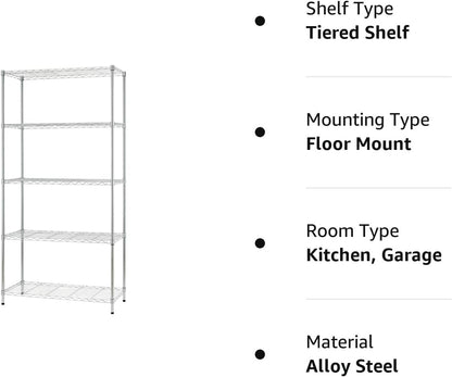 BestOffice 5 Tier Wire Shelving Unit Storage Shelves Metal Wire Shelf Storage Rack Adjustable