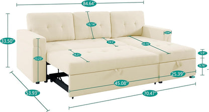 Naomi Home L-Shaped Reversible Sectional Sofa with Pull-Out Sleeper Bed and Storage Chaise, Cream Velvet