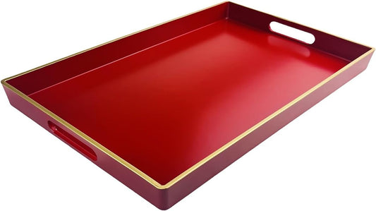 Red Decorative Tray, Rectangular Serving Tray with Handles, Plastic Coffee Table Tray for Ottoman, Living Room, Kitchen Tabletop, 15.6” x 10.2” x1.37”