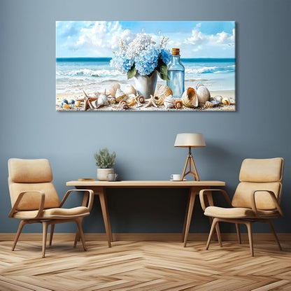 LASMOND Romantic Beach Wall Art for Living Room Blue Shells Conch Vase Canvas Prints Modern Large Flower Bottle Bedroom Ocean Artwork Decor (46x23 Inches)