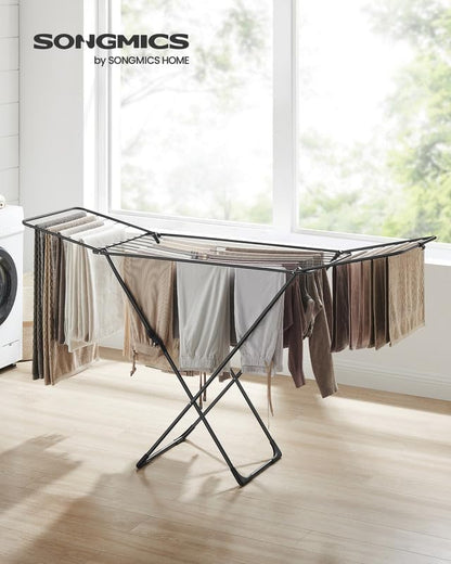 SONGMICS Clothes Drying Rack, Metal Laundry Drying Rack, Foldable, Space-Saving, Free-Standing Airer, with 2 Gullwings, Indoor Outdoor Use, Bed Linen Clothing, Black ULLR540B01