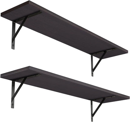 DINZI LVJ Long Wall Shelves, 23.6 Inch Wall Mounted Shelves Set of 2, Easy-to-Install, Wall Storage Ledges with Sturdy Metal Brackets for Living Room, Bathroom, Bedroom, Kitchen, Espresso