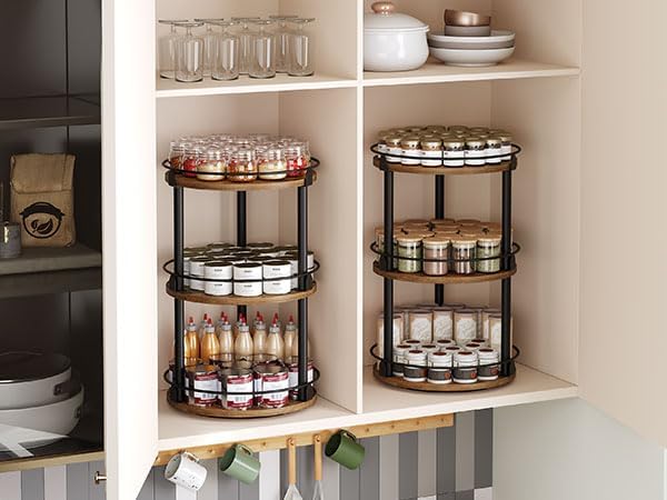 Spice Rack, Set of 2 Lazy Susan Organizer, 3-Tier Turntable Organizer For Cabinet, Compact and Versatile, for Kitchen Countertop, Rustic Brown SR23L2BR