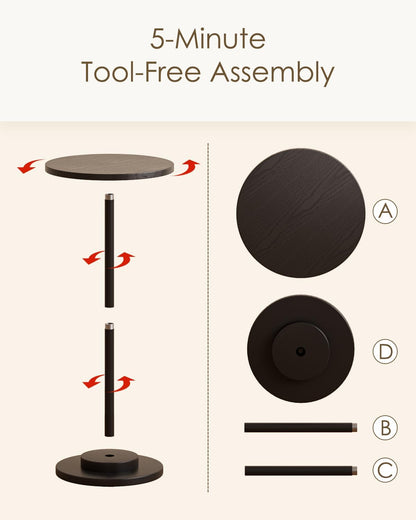 Masupu Drink Table, Round Side Table for Small Spaces, Pedestal Side Table, Small End Table with Metal Base, for Living Room, Bedroom, Bathroom, Black