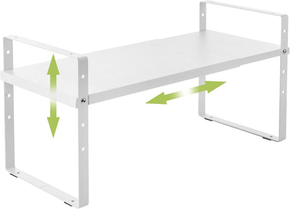 Expandable Cabinet Shelf Organizer Rack, Stackable Kitchen Counter Storage Shelves Stand, Adjustable Height Pantry Shelf Spice Rack (White, 1 Pack)