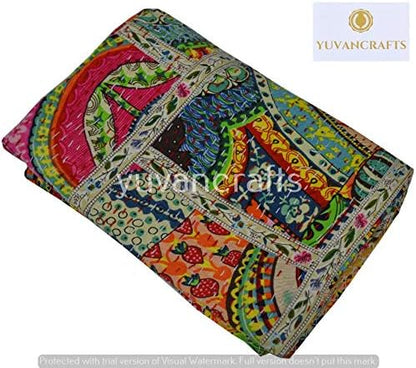 YUVANCRAFTS Patchwork Cotton Kantha Quilt - Indian Traditional Handmade Bedding Vintage Multi Color Quilt Blanket (Twin (60"x90"), Multi Patch 1)