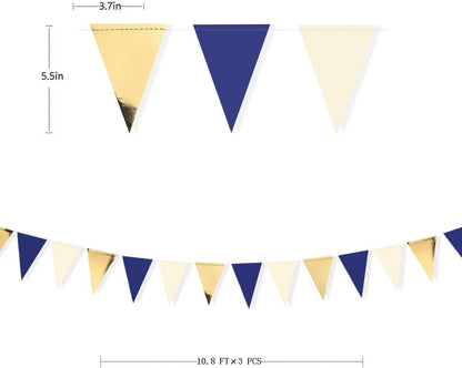 30Ft Navy Blue Gold and Beige Party Decorations Royal Blue Gold Triangle Flag Pennant Banner Bunting for Graduation Birthday Wedding Bridal Shower Nautical Ahoy Achor Theme Party Decorations Supplies