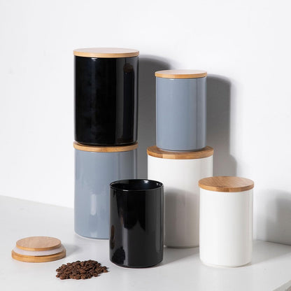 Sweejar Kitchen Ceramic Food Storage Containers Set, Stackable Canisters for Countertop with Airtight Boomboo Lids for Serving Ground Coffee, Tea, Sugar, Salt and More- Set of 2 (White)