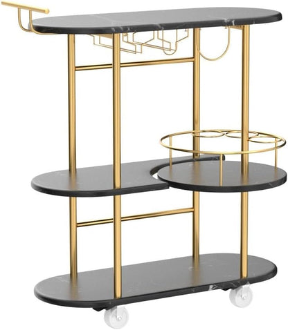 Black Bar Carts with 4-Tier Storage Shelves, Mobile Bar Serving Cart with Wine Rack and Glass Holder, for The Home, Kitchen, Living Room, Dining Room