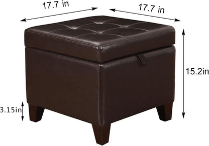 Adeco 15.2" Modern Brown Faux Leather Storage Ottoman with Tufted Flip Top for Living Room, Tufted Accents Rectangular Bench for Foot Rest