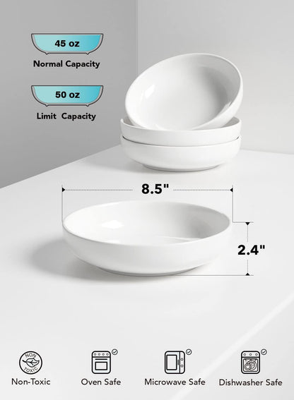 LE TAUCI Pasta Bowls 45 oz, Salad Bowls Set for Serving Soup, Pasta, Noodle, Dinner, Large Kitchen Bowl Plates, Microwave Safe - 8.5 Inch, Set of 4, White