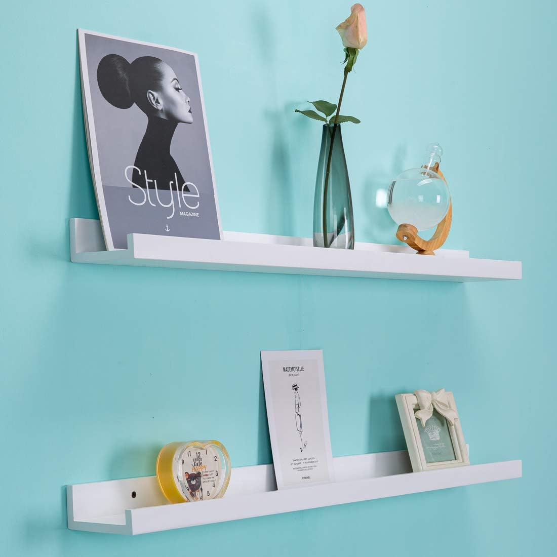 AZSKY 48 Inch White Picture Ledge Shelf Long Floating Shelves Set of 2 Wall Picture Shelf Pine Photo Frames Narrow Picture Ledge Mounting Hardware Included