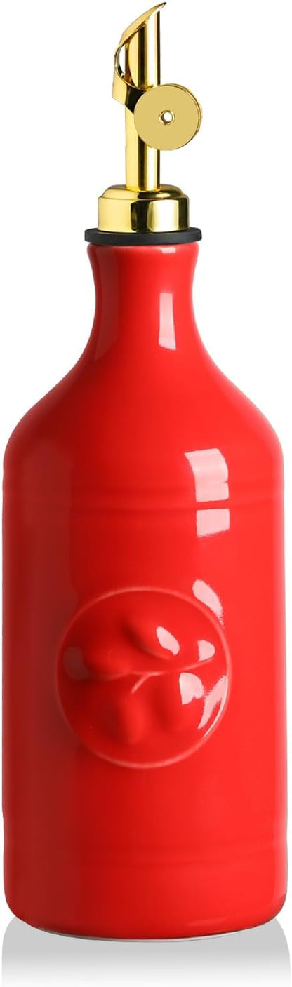 Sweejar 16 Oz Ceramic Olive Oil Dispenser Bottle, Oil Dispenser for Kitchen with Gravity Spout, Relief Opaque Vinegar Container for Evoo, Soy Sauce, 1 Pack(Red, Gold Spout)