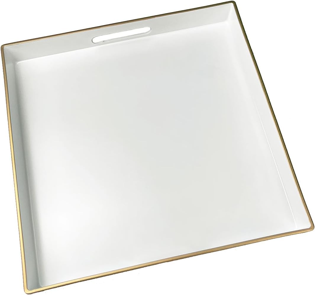 White Decorative Tray, Square Serving Tray with Handles, Plastic Coffee Table Tray for Ottoman, Living Room, Kitchen Tabletop, 13"x13"x1.6"