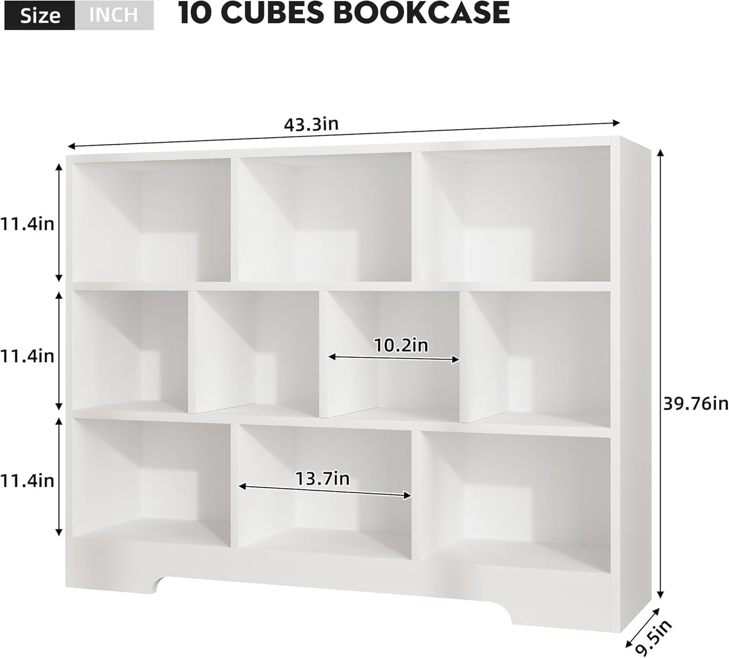 Book Shelf, 10 Cubes Storage Organizer, 3-Tier Open Shelf Wooden Bookcase, Freestanding White Bookshelf Cube Shelf for Bedroom, Living Room