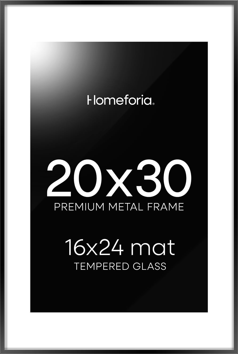 Homeforia 20x30 Poster Frame Black, High End Metal 20 x 30 Picture Frames with Mat 16 by 24 inch Photo, 30x20 Large Frame for Wall, 20x30 Thin Frame Matted to 16x24, Tempered Glass, Wall Kit, Set of 1
