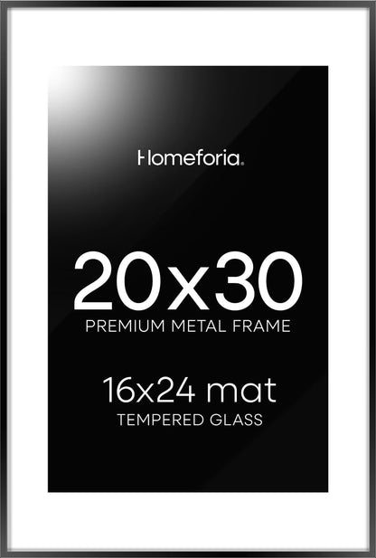 Homeforia 20x30 Poster Frame Black, High End Metal 20 x 30 Picture Frames with Mat 16 by 24 inch Photo, 30x20 Large Frame for Wall, 20x30 Thin Frame Matted to 16x24, Tempered Glass, Wall Kit, Set of 1