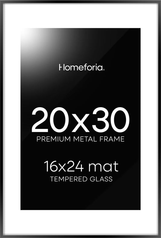 Homeforia 20x30 Poster Frame Black, High End Metal 20 x 30 Picture Frames with Mat 16 by 24 inch Photo, 30x20 Large Frame for Wall, 20x30 Thin Frame Matted to 16x24, Tempered Glass, Wall Kit, Set of 1