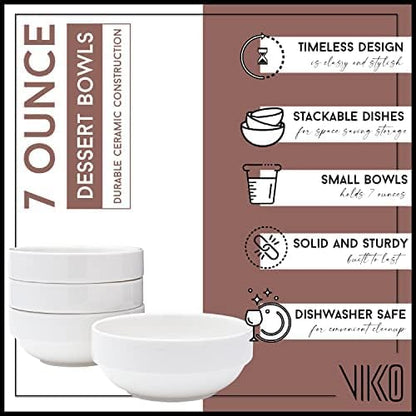 Vikko Small 7 Ounce White Bowl, Set of 4 White Dessert Bowls, Fine Porcelain, Stackable Small Snack Bowl, Dishwasher Safe