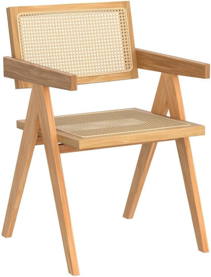 Rattan Dining Chairs Set of 4, Wooden Armchair Cane Kitchen Chairs with Arms, Light Walnut Color