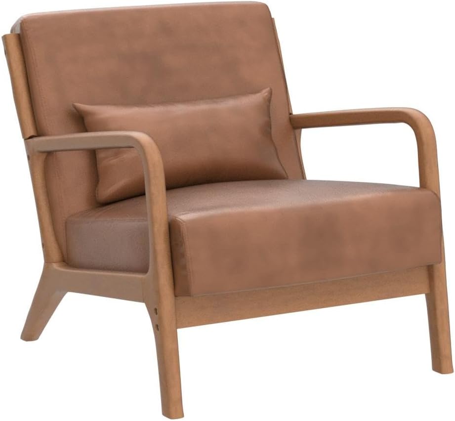 INZOY Mid Century Modern Accent Chair with Wood Frame, PU Leather Reading Armchair with Waist Cushion, Upholstered Living Room Chairs for Bedroom Sunroom (Camel)