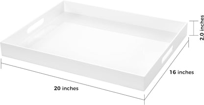 White Rectangular 16x20 Inches Acrylic Ottoman Tray Decorative Serving Tray with Cutout Handles Organizer Tray on Coffee Table Countertop Big Breakfast Bed Tray Living Room Appetizer Serving Food