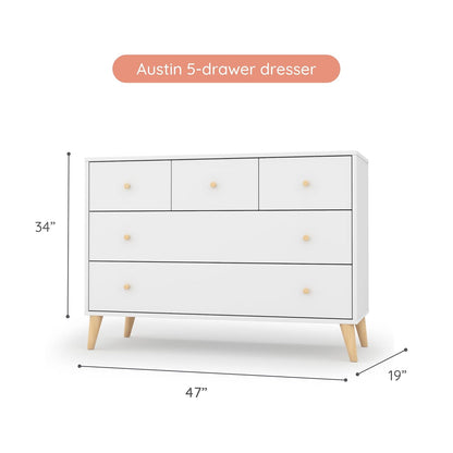 dadada Austin 5-Drawer Dresser for Nursery and Bedroom - Modern Design, Large Storage, Baby-Safe Finish, Anti-Tip Safety, Solid Wood Feet, Durable Construction (White+Natural)