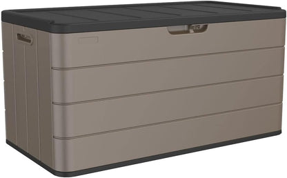 100 Gallon Plus Resin Deck Box, Waterproof Outdoor Storage Bin for Patio Furniture, Pool Accessories, and Garden Tools, Lockable & UV-Resistant, Brown