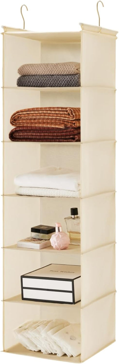 MAX Houser 6 Tier Shelf Hanging Closet Organizer, Cloth Hanging Shelf with 2 Sturdy Hooks for Storage, Foldable (Beige)