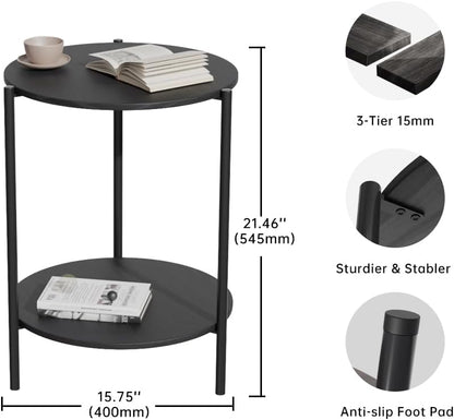 Side Table, Round End Table with 2-Layer Storage Rack, 15.7" Small Spaces Circle Table, Metal Frame Design Small Side Tables, for Living Room, Bedroom, Black