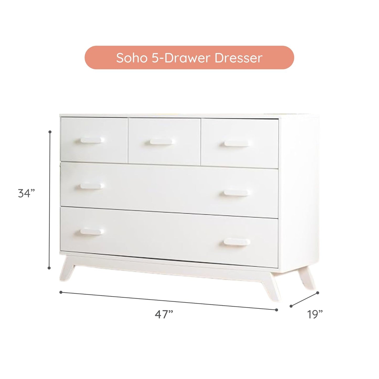 dadada Soho 5-Drawer Dresser for Nursery and Bedroom - Modern Design, Large Storage, Baby-Safe Finish, Soft Close Drawers, Anti-Tip Safety, Sturdy Legs & Solid Wood Handles, 47” Wide (White)