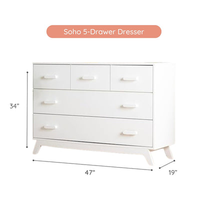 dadada Soho 5-Drawer Dresser for Nursery and Bedroom - Modern Design, Large Storage, Baby-Safe Finish, Soft Close Drawers, Anti-Tip Safety, Sturdy Legs & Solid Wood Handles, 47” Wide (White)