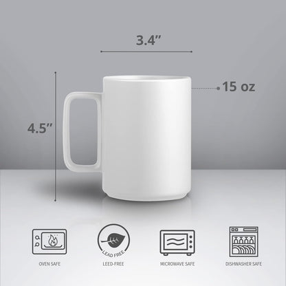 E-liu Porcelain Tea Mugs Coffee Mug Set, Large 15 Ounces Cups for Coffee, Tea, Cocoa, and Mulled Drinks, Set of 6, White