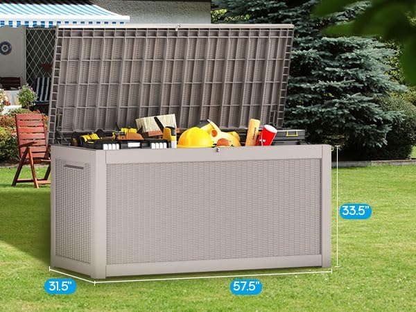 Vixzen 260 Gallon Resin Deck Box, Lockable Outdoor Storage Box for Patio Cushions Storage Furniture,Garden Tools, Pool Supplies, Weatherproof and UV Resistant- Grey