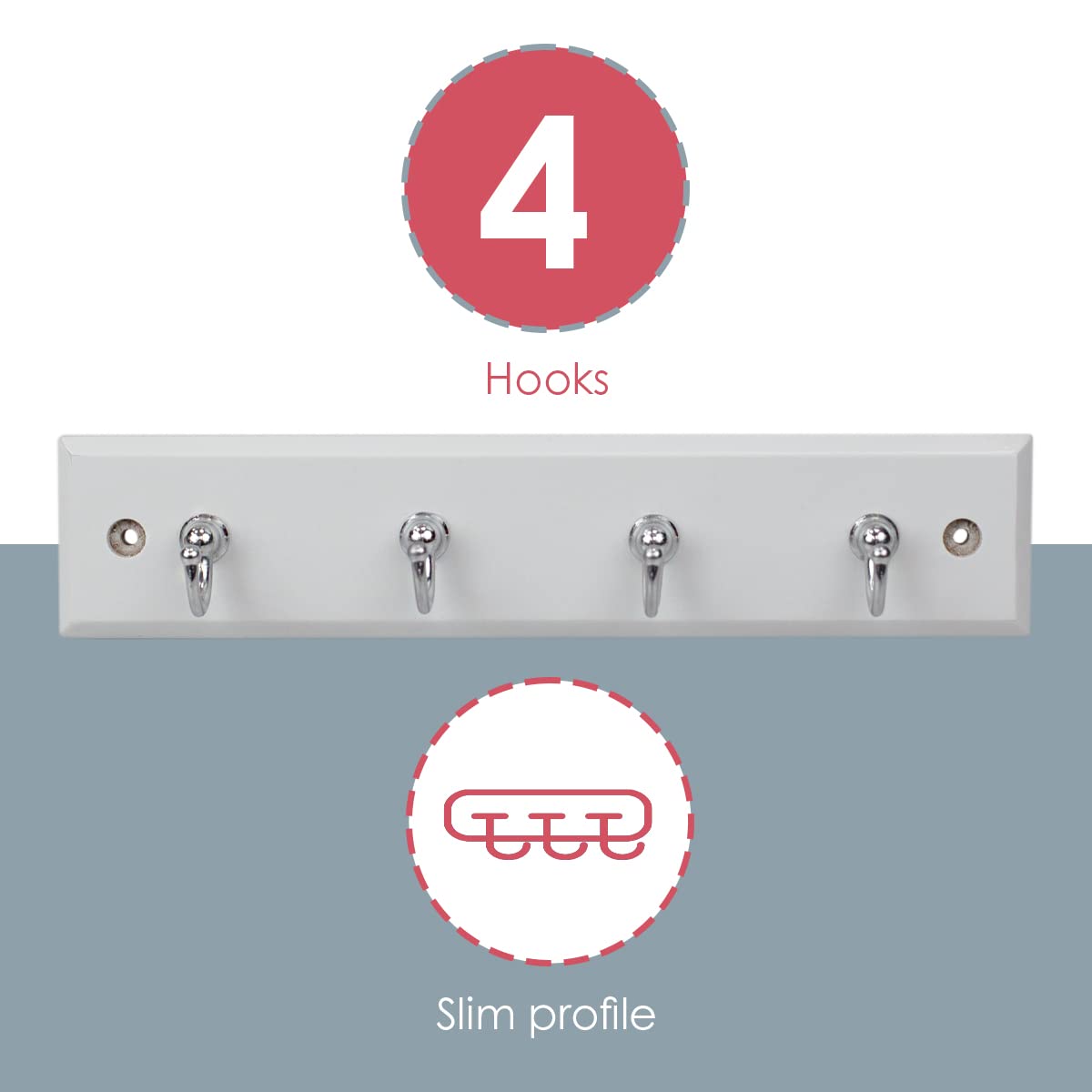 Wall-Mounted Key Hanger for Wall (White), by Home Basics | Includes 4 Key Hooks | MDF and Steel Key