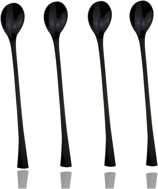 JASHII 18/10 Stainless Steel 4 Piece Mirror Polished Black Long Handle Ice Cream Spoon and Coffee