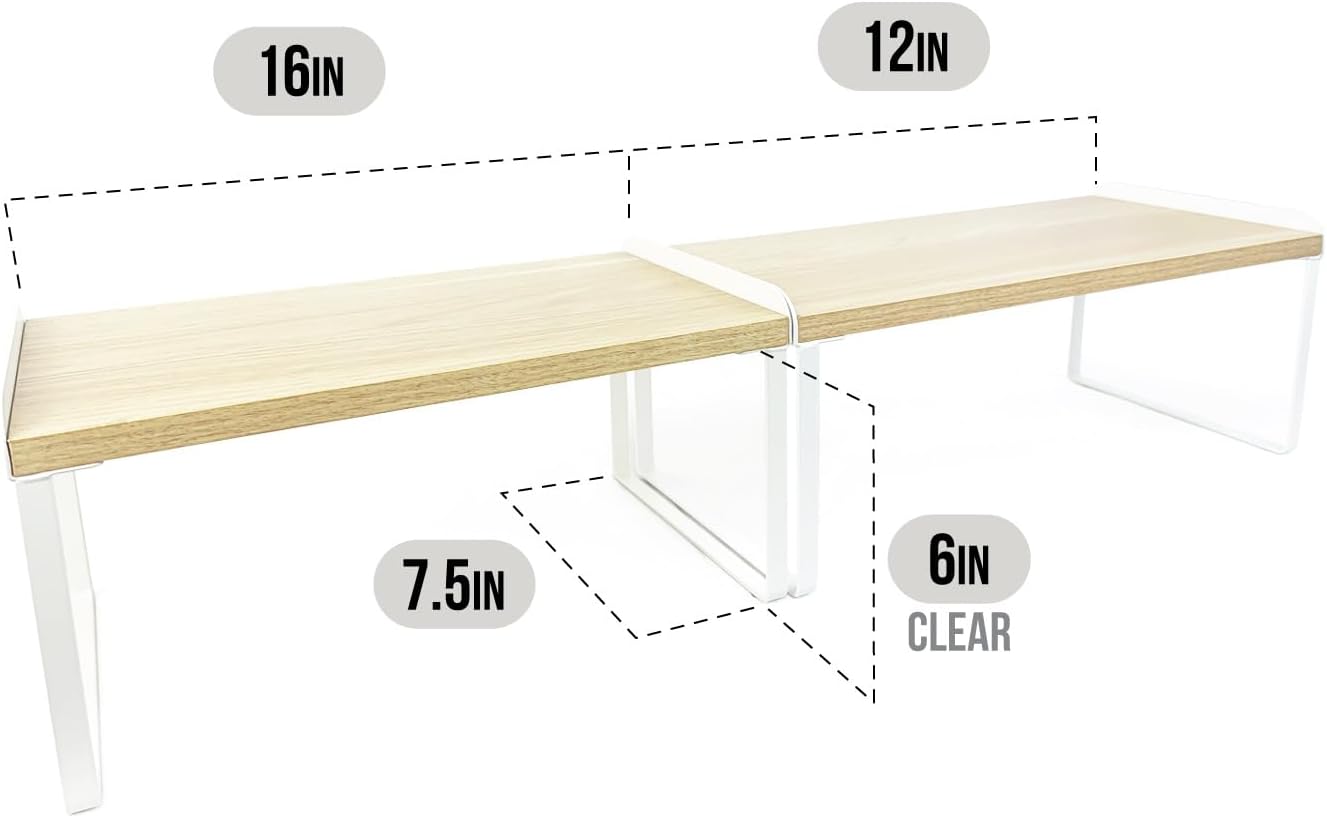 Mitus Shelf Organizer and Storage, Stackable Tiered Wood Cabinet Rack for Countertops, Desktops, Cabinets (Set of 2) 12" and 16" Wide Natural Oak and White