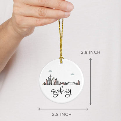 Andaz Press Round Ceramic Porcelain Christmas Tree Ornament Keepsake Gift, Sydney, Colorful International City Skyline Graphic, 1-Pack, Birthday Ideas Family Coworker Him Her, Gift Box