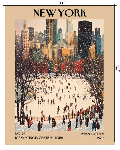 Retro Vintage New York Wall Art Print - 11x14 Unframed Poster - New York City Souvenirs, Cute Trendy Colorful Wall Decor (Ice Skating in Central Park, 11x14")