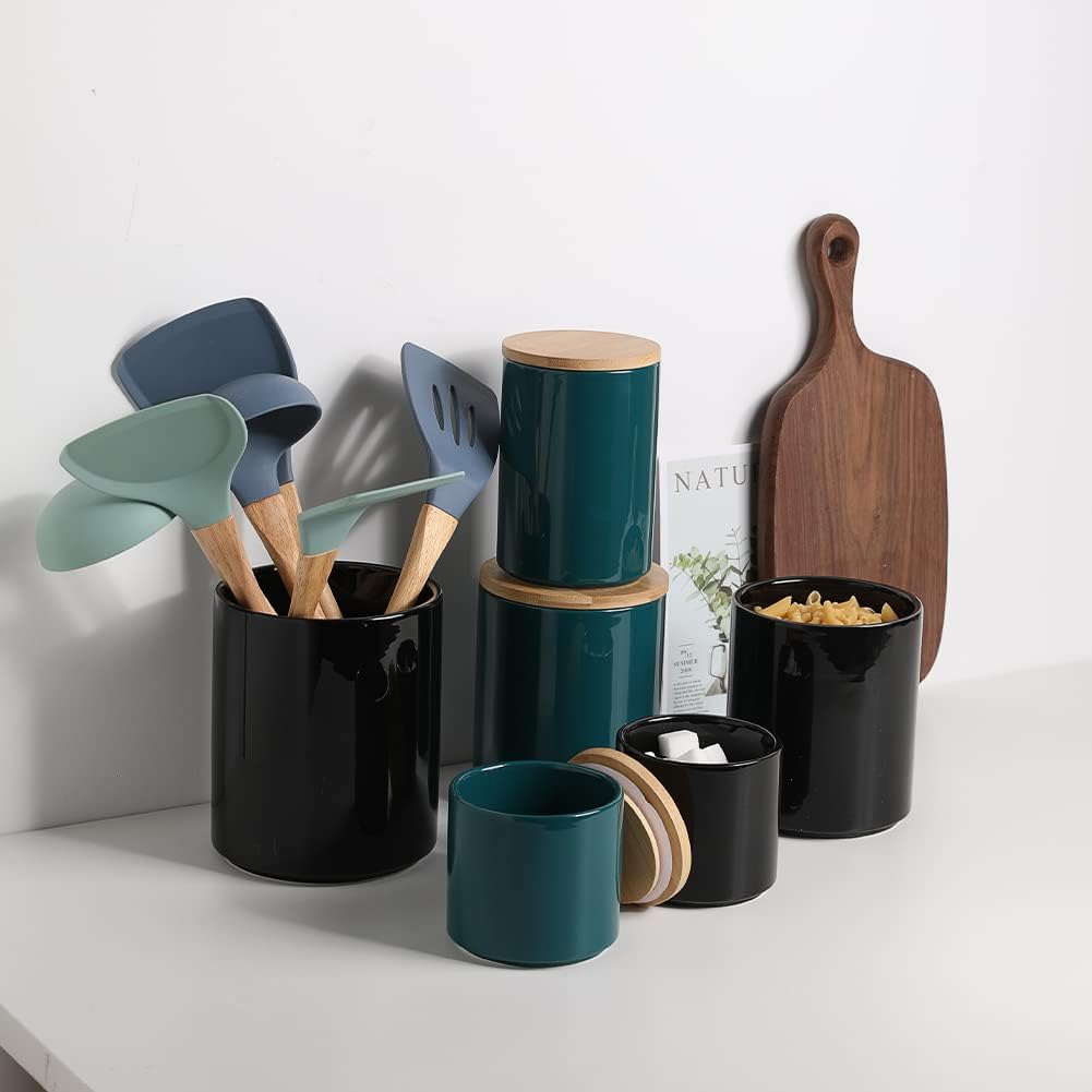 Sweejar Ceramic Kitchen Canister Sets, Porcelain Container for Countertop, Heavy Food Storage Jars with Airthight Seal Bamboo Lid, Servering for Sugar, Coffee Beans, Tea Leaves, Pack of 4（Jade）