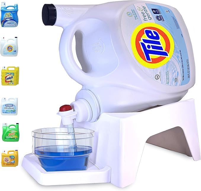 TidyFriend Laundry Detergent Dispenser with Tray & Strap, Laundry Soap Dispenser with Non-Slip Rubber Feet for Washing Room Organization, Easy Pour (White)