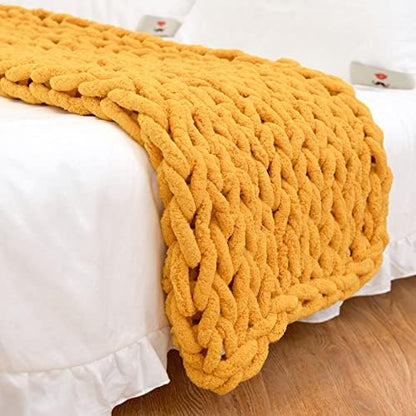 Chunky Knit Blanket Throw 48"*71", Hand Knitted Warm Chenille Throw Blanket, Home Decor Soft Thick Yarn Cable Knit Blanket,Soft Breathable Fleece Banket Christmas for Couch Bed Sofa Best Gift (Yellow)