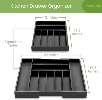 Purawood Bamboo Drawer Organizer - Expandable Silverware Organizer & Utensil Organizer, Cutlery Tray with Dividers, 7-9 Slots - Premium Kitchen Drawer Organizer for Utensils & Flatware (Black)