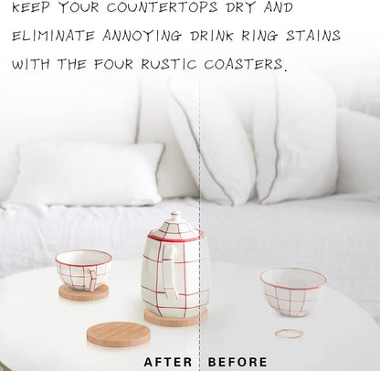 Large Round Wood Serving Tray, Wooden Trays with Handles for Ottoman Table, Vintage Acacia Tray Circle Wood Tray for Indoor Outdoor Organization and Decoration, Including 4 Round Wooden Coasters