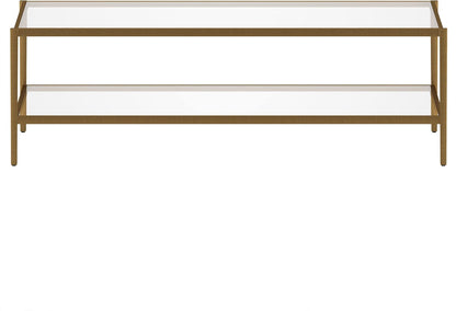 Henn&Hart 54" Wide Rectangular Coffee Table with Glass Shelf in Antique Brass, Modern coffee tables for living room, studio apartment essentials